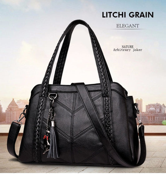 Geantă de piele de bou, geantă de mână, capacitate mare cu trei spații, pilele moale.