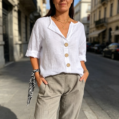 🔥【S-5XL】Nueva camiseta de mujer con cuello en V de algodón y lino con botones: sencilla y elegante.