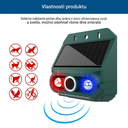 Solárny ultrazvukový odpudzovač zvierat, vhodný na odpudzovanie vtákov vo vonkajšom prostredí, s blikajúcim infračerveným svetlom a červenými a modrými LED svetlami.