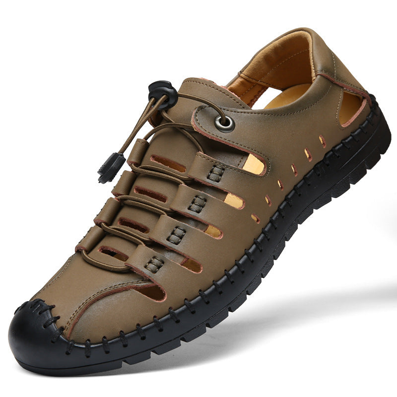 Męskie oryginalne skórzane buty z odkrytymi palcami, wydrążone, letnie, swobodne, oddychające - modne i stylowe