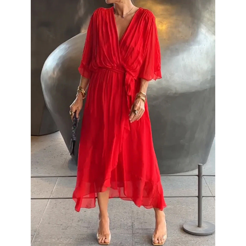 💟【S-5XL】👗 Wielokolorowa szyfonowa sukienka z koronkowym rękawem typu nietoperz