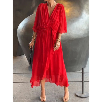 💟【S-5XL】👗 Wielokolorowa szyfonowa sukienka z koronkowym rękawem typu nietoperz