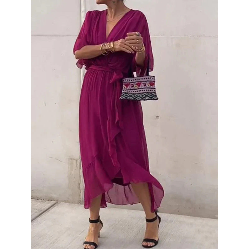 💟【S-5XL】👗 Wielokolorowa szyfonowa sukienka z koronkowym rękawem typu nietoperz