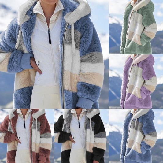 ☃️Descuento limitado 50%❄️[S-5XL] Chaqueta de mujer 2025 con franjas de peluche grueso en contraste