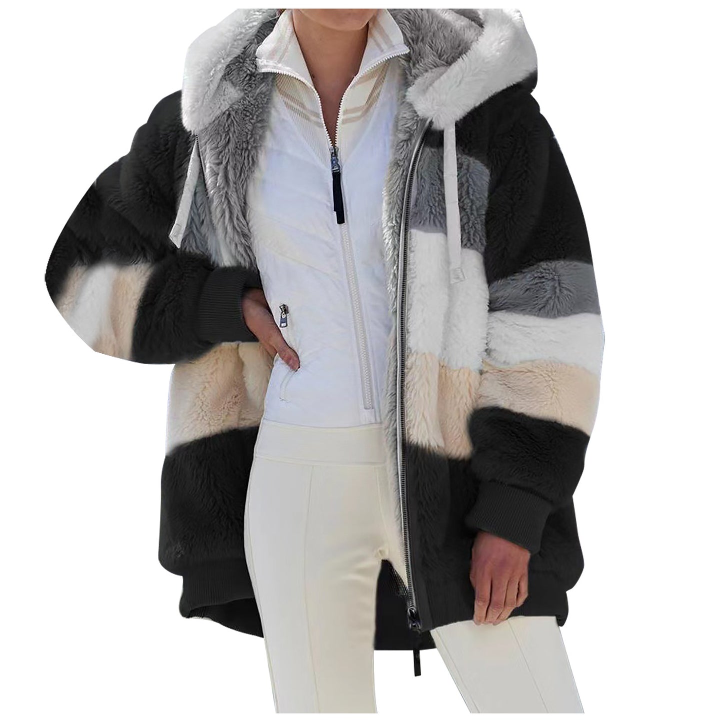 ✨【Sezónní akce -50 %】Široká plyšová bunda s kapucí a kapsami na zip