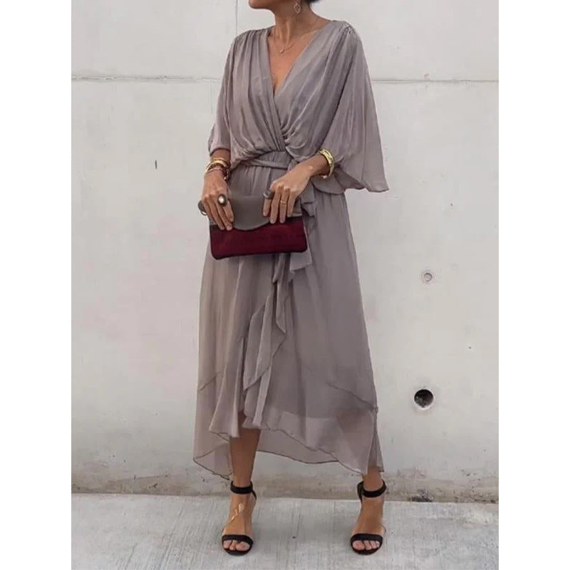 💟【S-5XL】👗 Wielokolorowa szyfonowa sukienka z koronkowym rękawem typu nietoperz