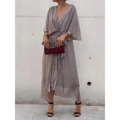 💟【S-5XL】👗 Wielokolorowa szyfonowa sukienka z koronkowym rękawem typu nietoperz