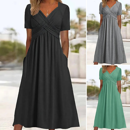 👗Kúpte jeden a druhý dostanete zadarmo🌷【S-3XL】Jarné a letné šaty 2025, nový štýl, jednofarebný, s výstrihom do V, jednoduché, elegantné, ležérne