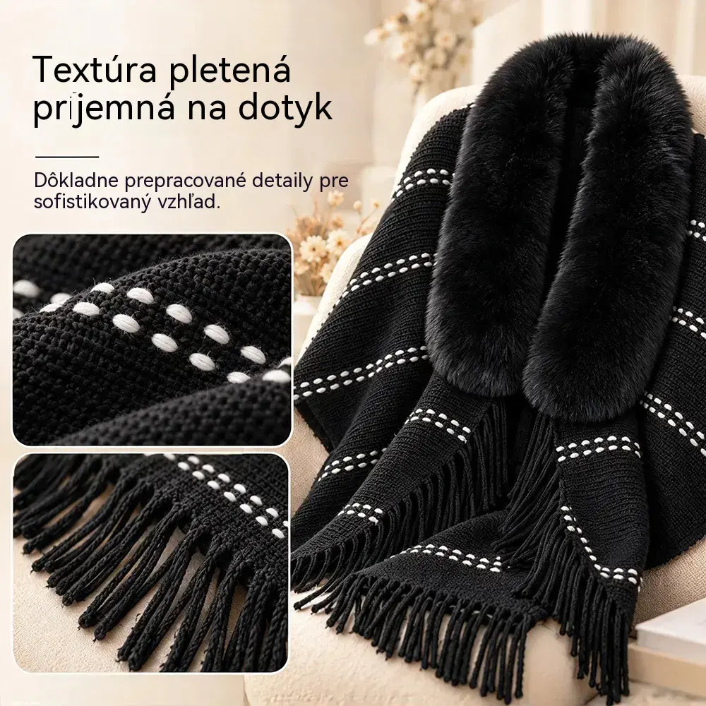 ✨ Pletený zimný šál s nadýchaným golierom a elegantnými strapcami · Voľný a teplý dámsky kardigan v štýle peleríny!