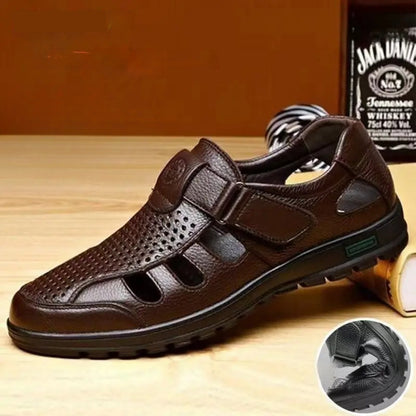 😎👞【Piel auténtica de primera calidad – Nueva versión mejorada】Sandalias de hombre de alta gama hechas de piel auténtica con diseño perforado