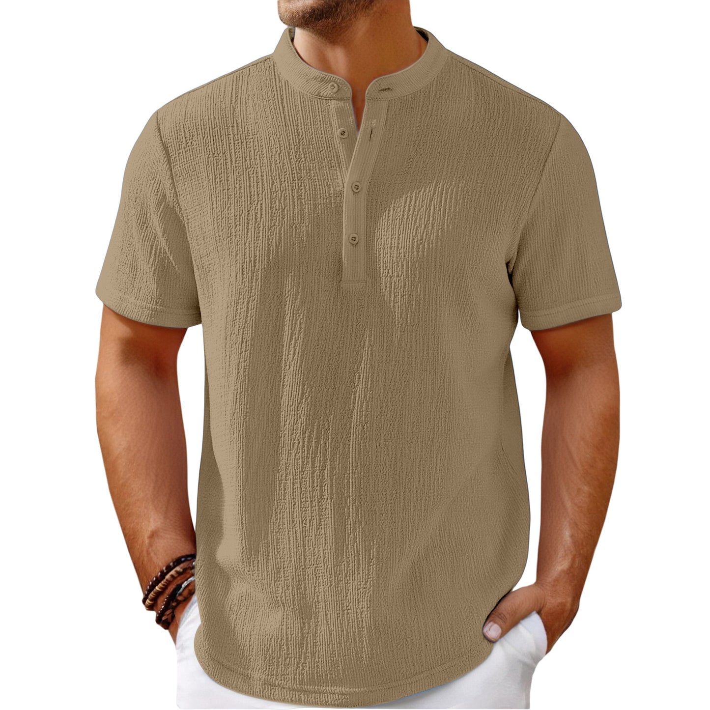 【S-4XL】Camiseta de hombre con una textura espectacular y cuello Henley: cómoda y elegante para el día a día.