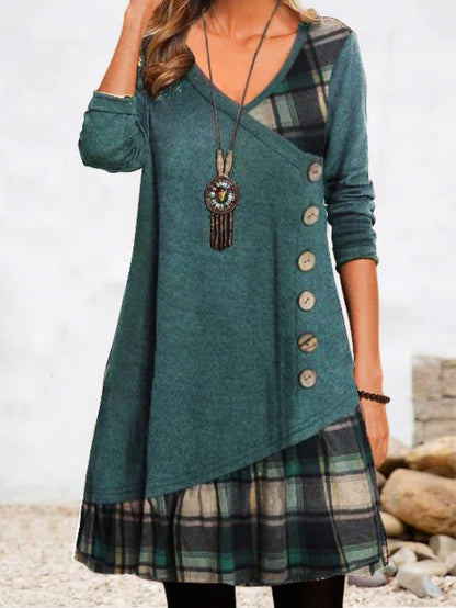 🍂👗49% TANIEJ -【S-3XL】 2025 Nowa elegancka sukienka w kratę z dekoltem w serek i długim rękawem