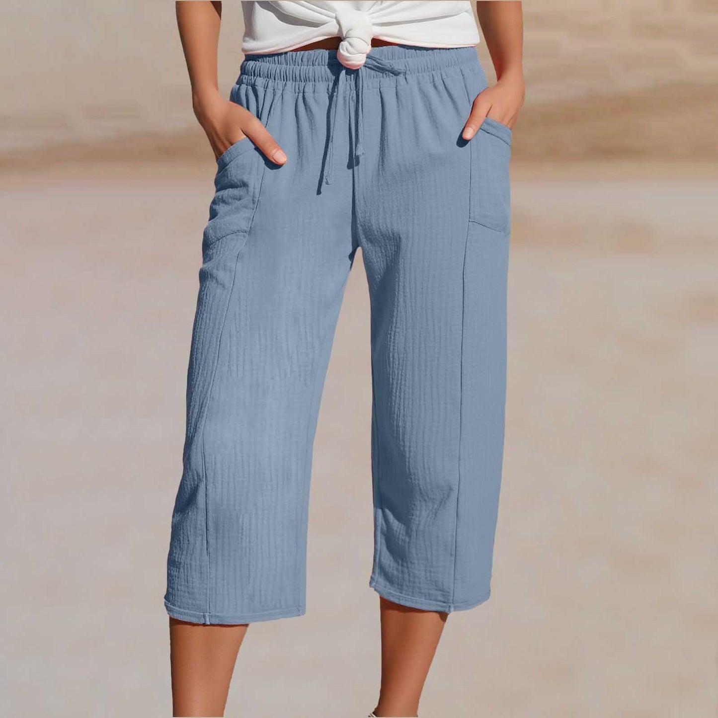 🌸[50% de descuento por tiempo limitado] Pantalones capri plisados de algodón y lino de color liso