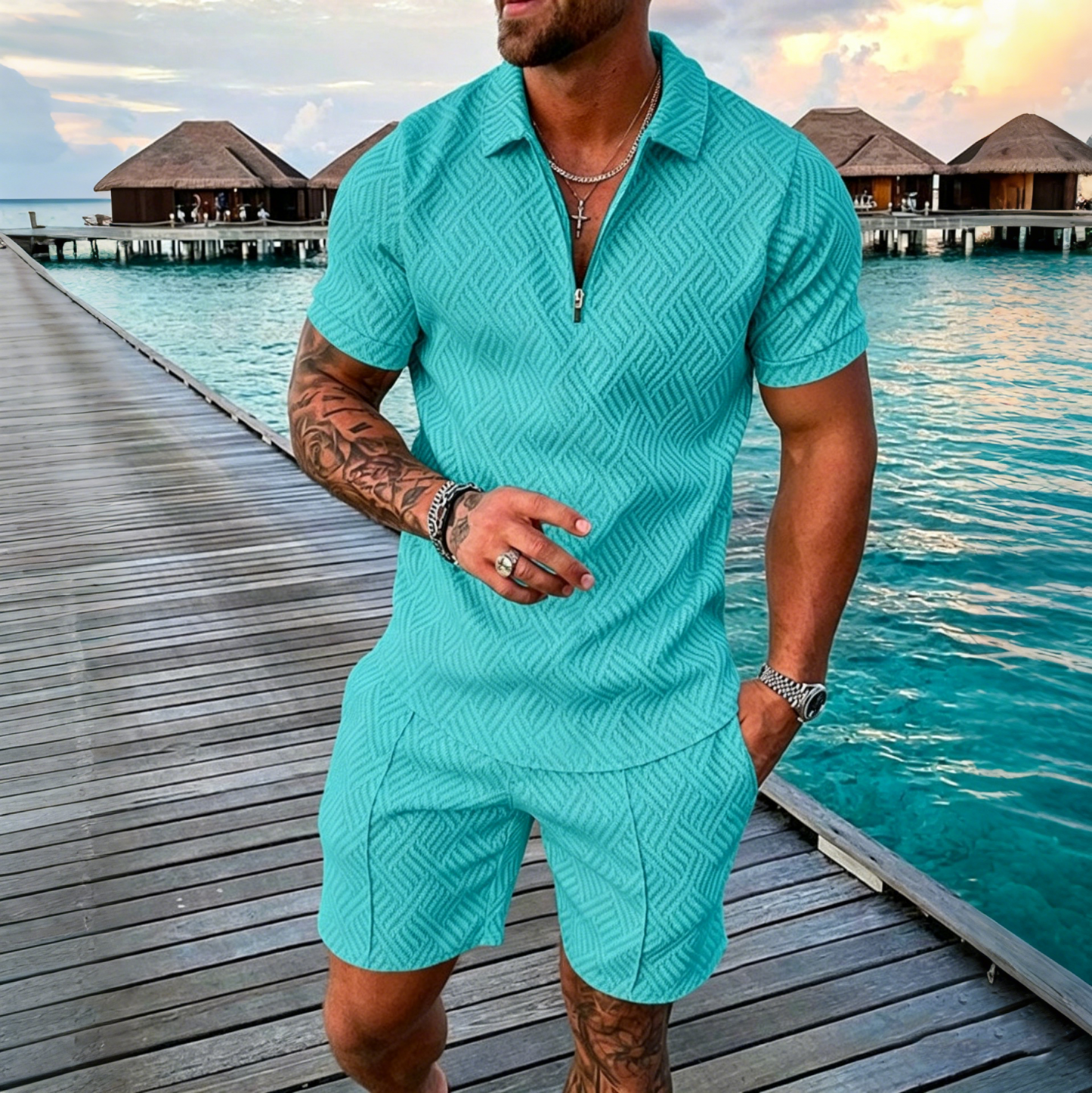 😎 50% de descuento 🔥 【Top + Pantalones cortos】 (40-130 kg) Conjunto diario para hombre: Polo con cremallera y estampado 3D ✅️ Pago contra reembolso