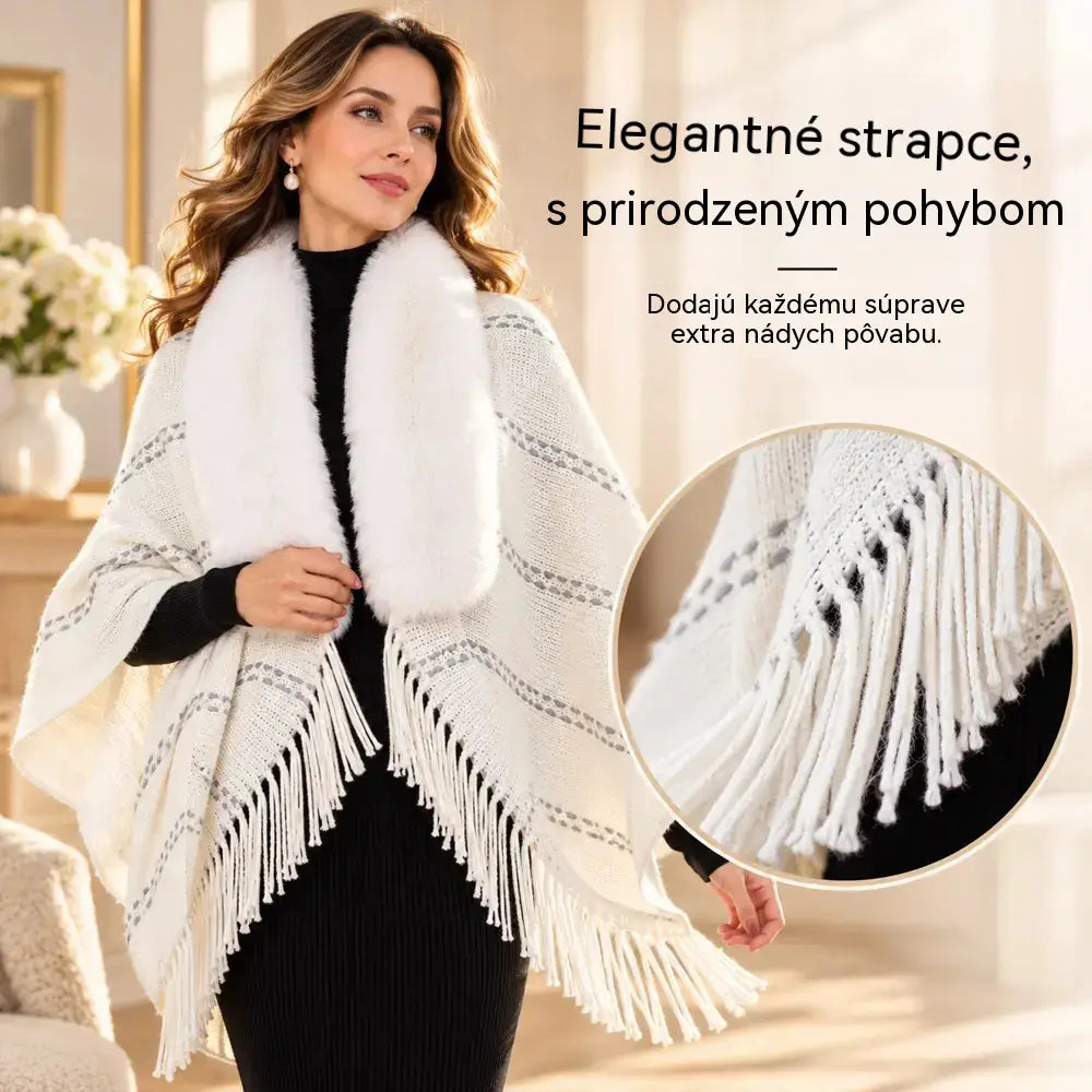 ✨ Pletený zimný šál s nadýchaným golierom a elegantnými strapcami · Voľný a teplý dámsky kardigan v štýle peleríny!