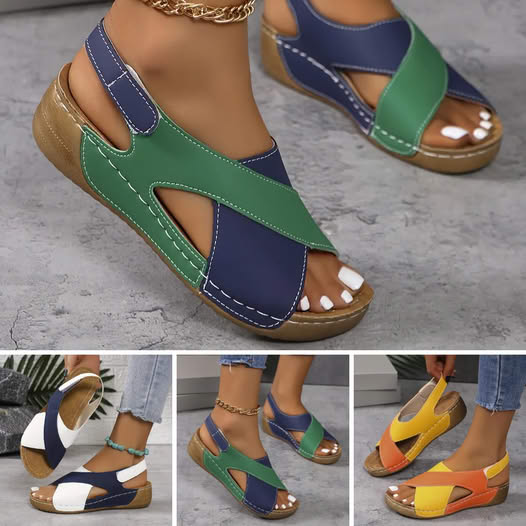 🔥👡【36-43】 Sandale cu pană contrastante pentru femei Sandale confortabile cu curea la gleznă