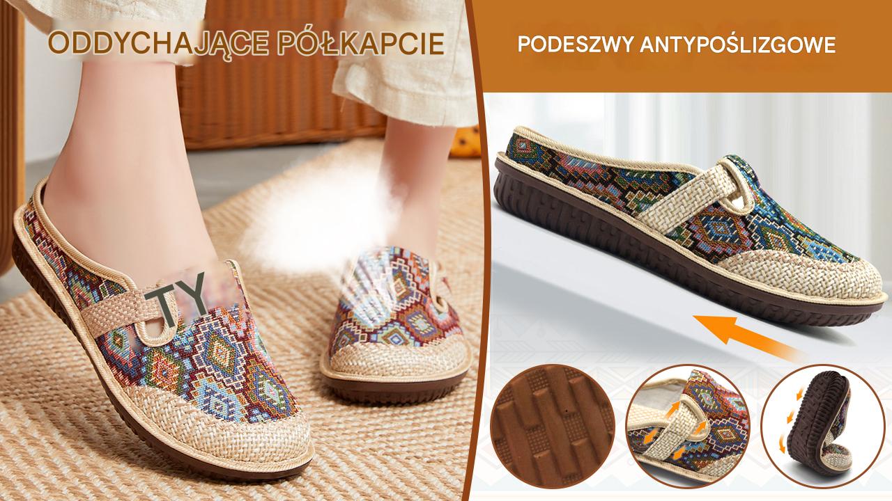 🔥👡50% zniżki 【35-41】Damskie kapcie z miękką podeszwą z haftowanego lnu, antypoślizgowe