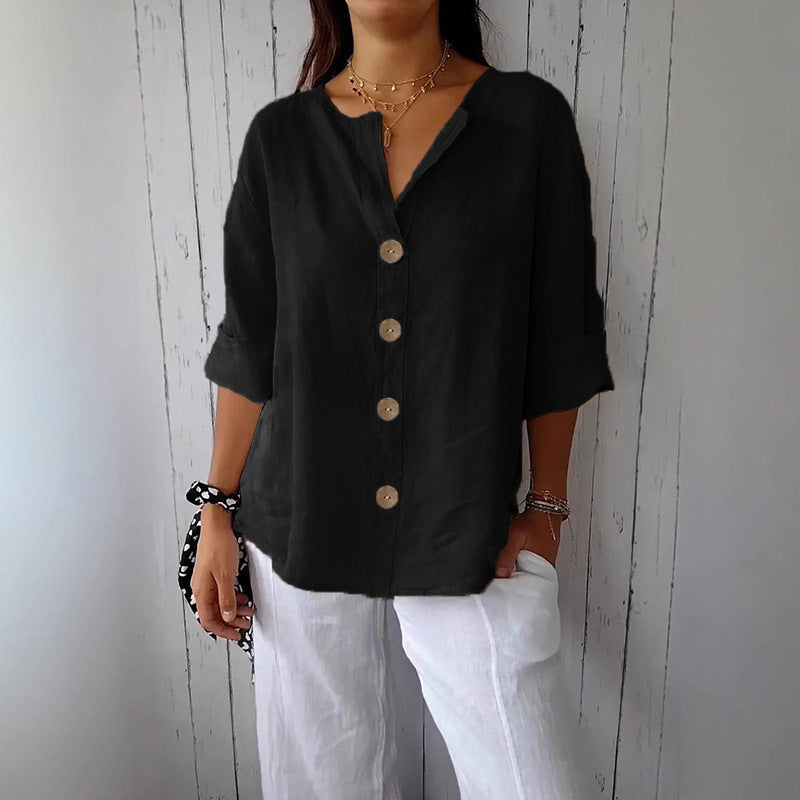 🔥【S-5XL】Nueva camiseta de mujer con cuello en V de algodón y lino con botones: sencilla y elegante.