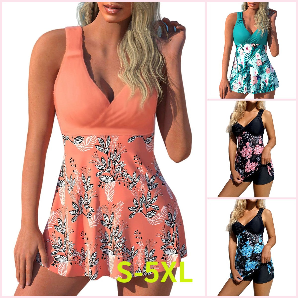 🌴🏖️🌈【S-5XL】😍 Damski kostium kąpielowy, duży kwiatowy nadruk, szorty, spódniczka kąpielowa z odkrytymi plecami, szybkoschnący materiał