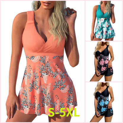 🌴🏖️🌈【S-5XL】😍 Damski kostium kąpielowy, duży kwiatowy nadruk, szorty, spódniczka kąpielowa z odkrytymi plecami, szybkoschnący materiał