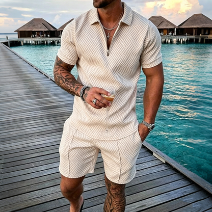 😎 50% de descuento 🔥 【Top + Pantalones cortos】 (40-130 kg) Conjunto diario para hombre: Polo con cremallera y estampado 3D ✅️ Pago contra reembolso