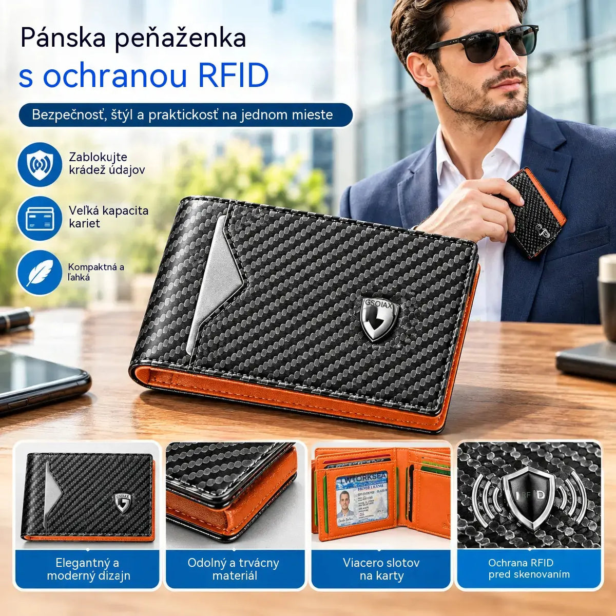 Tenká peňaženka s RFID blokovaním pre mužov