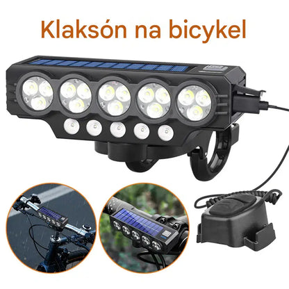 Solárne napájaný svetlomet na bicykel s USB nabíjaním a reproduktorom, 900 lúmenov, dlhotrvajúce a odolné nočné svetlo.