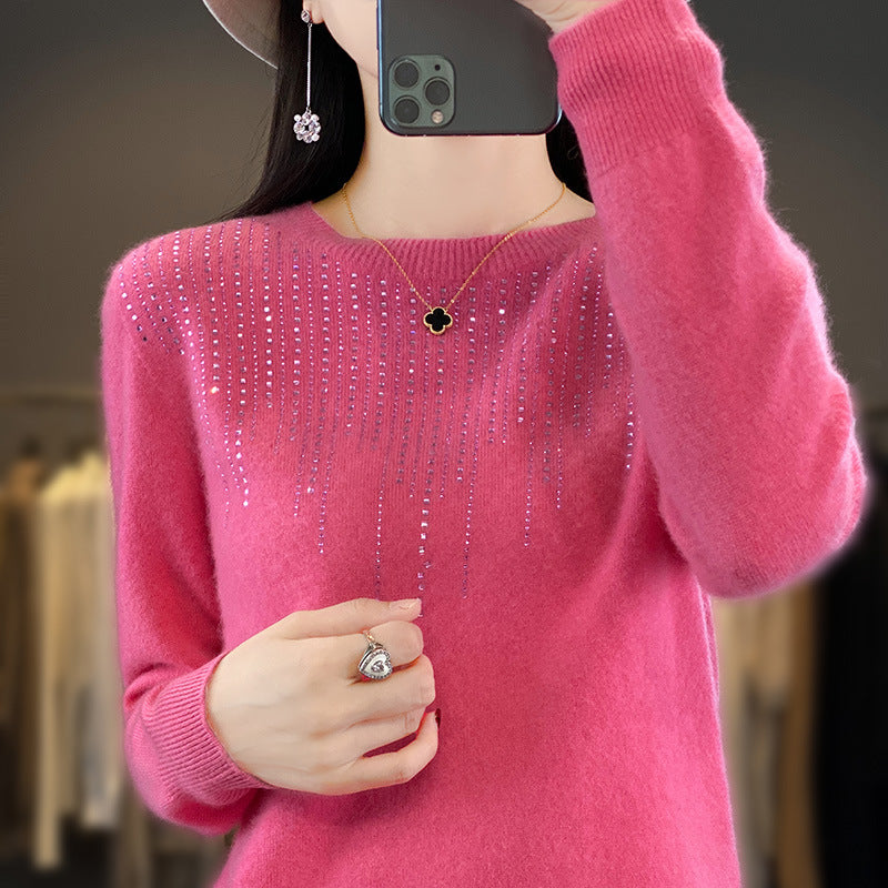 ✨【S-2XL】Suéter de lana para mujer con cuello redondo de terciopelo y decoración de perlas
