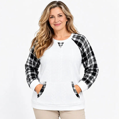 【S–2XL / 6 farieb】Jesenný/zimný károvaný sveter – voľný top s dlhým rukávom v západnom štýle (patchwork) a okrúhlym výstrihom