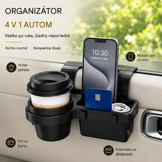 Multifunkčný držiak na dvere auta 4 v 1 – s protišmykovým držiakom na poháre, vreckom na telefón, priehradkou na karty a integrovaným háčikom 🚗🥤📱✨