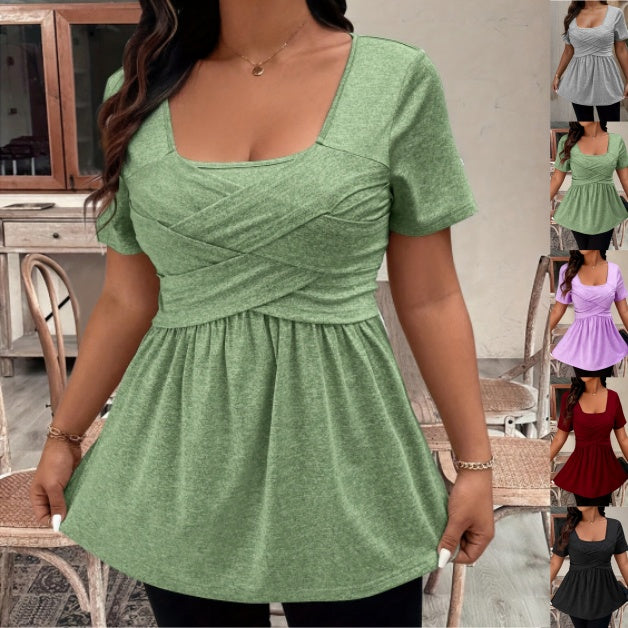 💖🧡【Плащане при доставка】【50%OFF】Едноцветна тениска с квадратно деколте и къс ръкав❗️❗️Дишаща и удобна