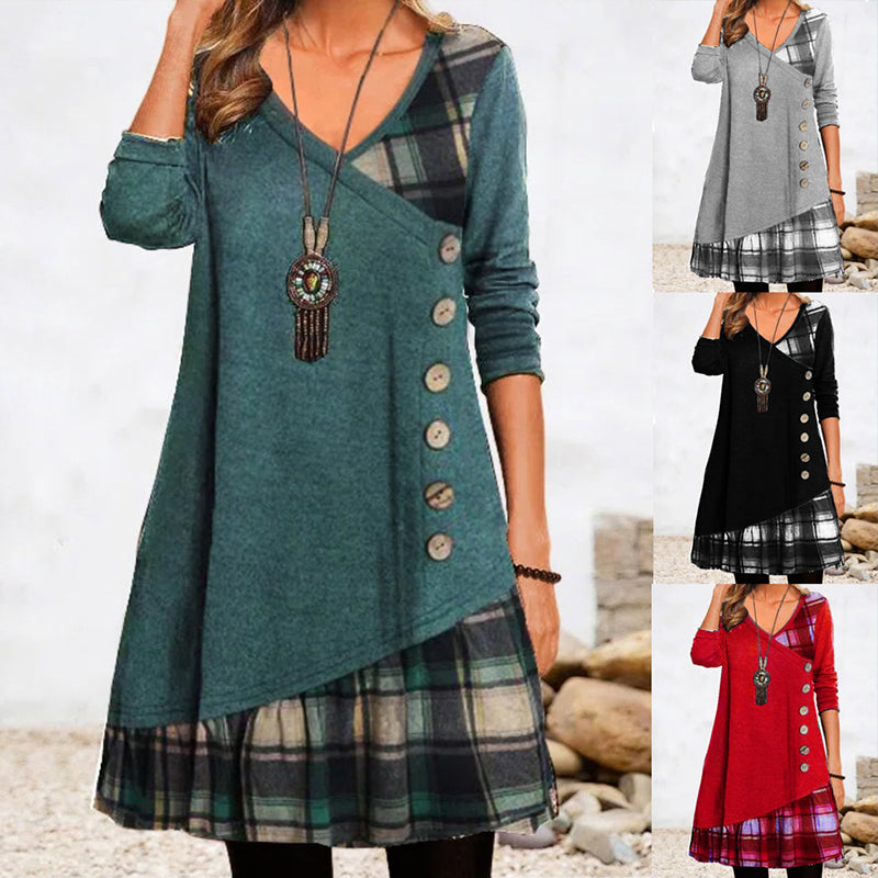 🍂👗49% TANIEJ -【S-3XL】 2025 Nowa elegancka sukienka w kratę z dekoltem w serek i długim rękawem