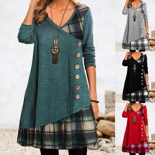 🍂👗49% TANIEJ -【S-3XL】 2025 Nowa elegancka sukienka w kratę z dekoltem w serek i długim rękawem