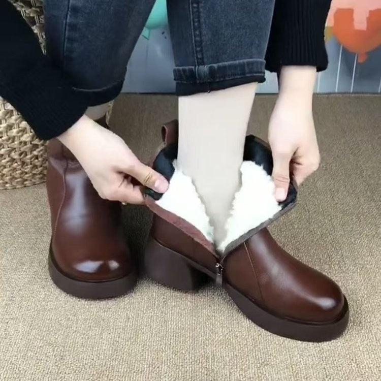 【35-40】2026 Zimowe nowe damskie botki w stylu retro plus, botki ze skóry naturalnej, ciepłe pluszowe botki