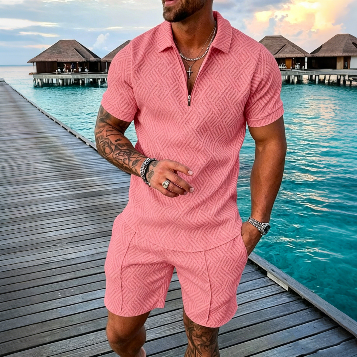 😎 50% de descuento 🔥 【Top + Pantalones cortos】 (40-130 kg) Conjunto diario para hombre: Polo con cremallera y estampado 3D ✅️ Pago contra reembolso