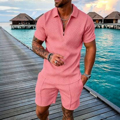 😎 50% de descuento 🔥 【Top + Pantalones cortos】 (40-130 kg) Conjunto diario para hombre: Polo con cremallera y estampado 3D ✅️ Pago contra reembolso