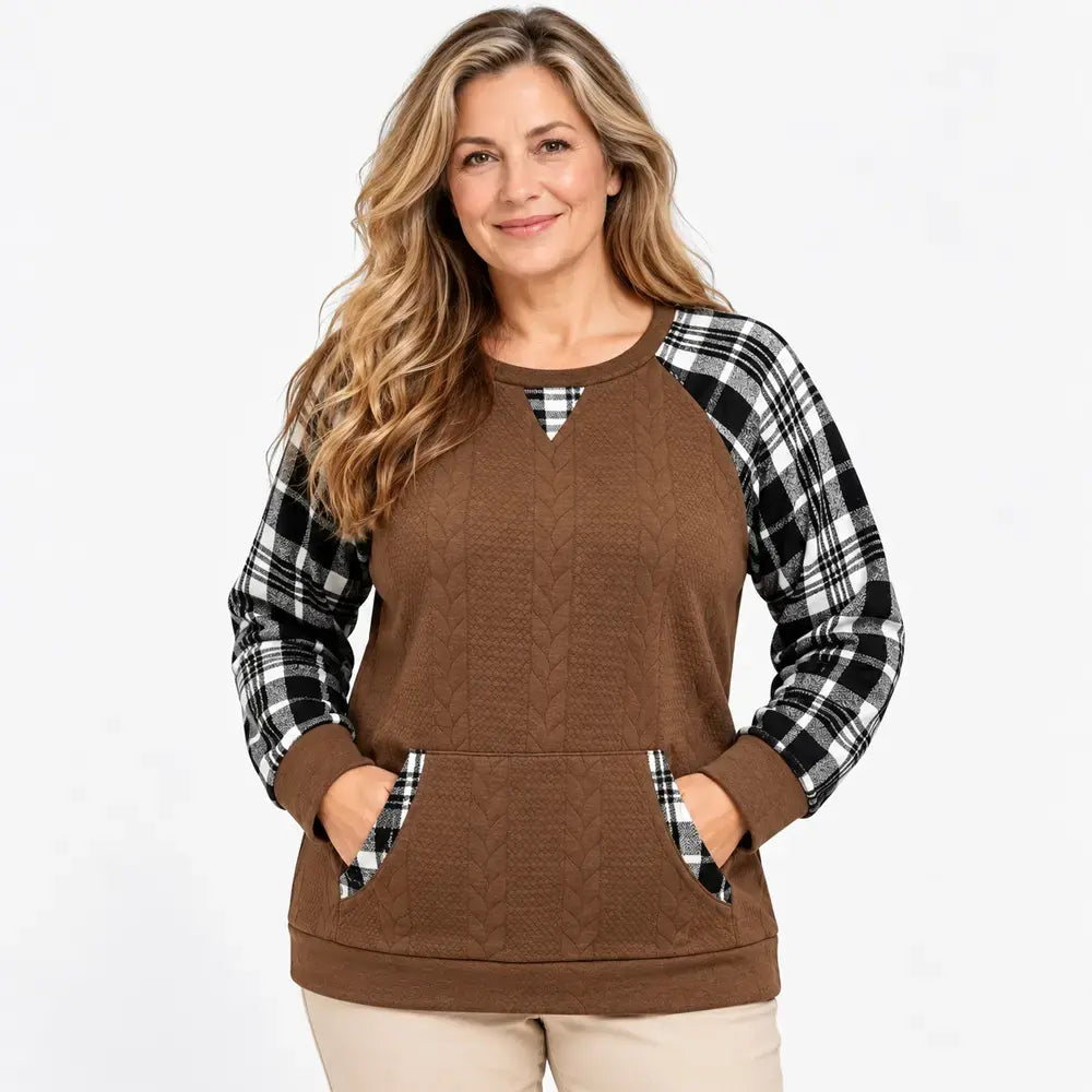 【S–2XL / 6 farieb】Jesenný/zimný károvaný sveter – voľný top s dlhým rukávom v západnom štýle (patchwork) a okrúhlym výstrihom