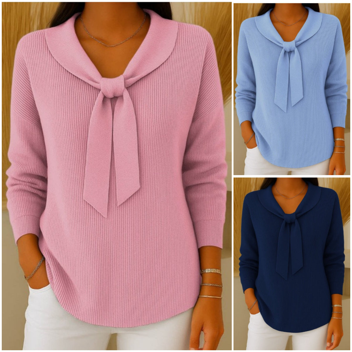 ✨Super wygodny w noszeniu💕【S-5XL】Damski sweter z długim rękawem z kokardą, jednolity kolor, luźny i wygodny krój