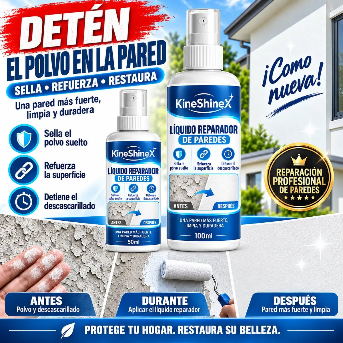 🏆100 ml + 50 ml (2 botellas)💥Agente reparador y endurecedor líquido para paredes: combina funciones de relleno, sellado y refuerzo en un solo producto.
