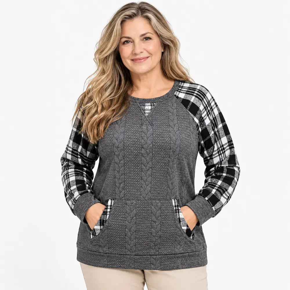 【S–2XL / 6 farieb】Jesenný/zimný károvaný sveter – voľný top s dlhým rukávom v západnom štýle (patchwork) a okrúhlym výstrihom