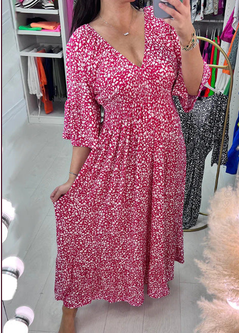 【S-5XL】Rochie florală cu decolteu în V, mărime mare, nouă, 2025