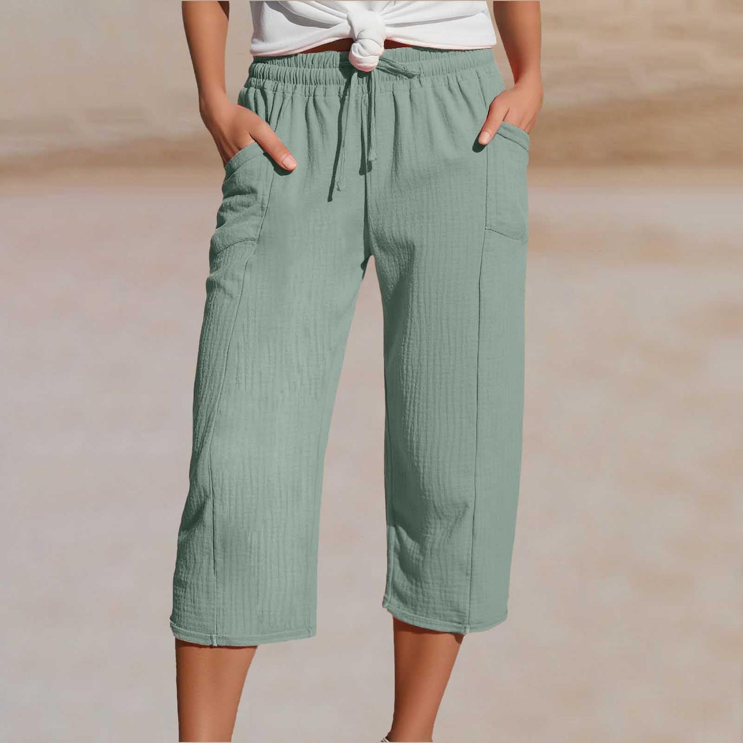 🌸[50% de descuento por tiempo limitado] Pantalones capri plisados de algodón y lino de color liso