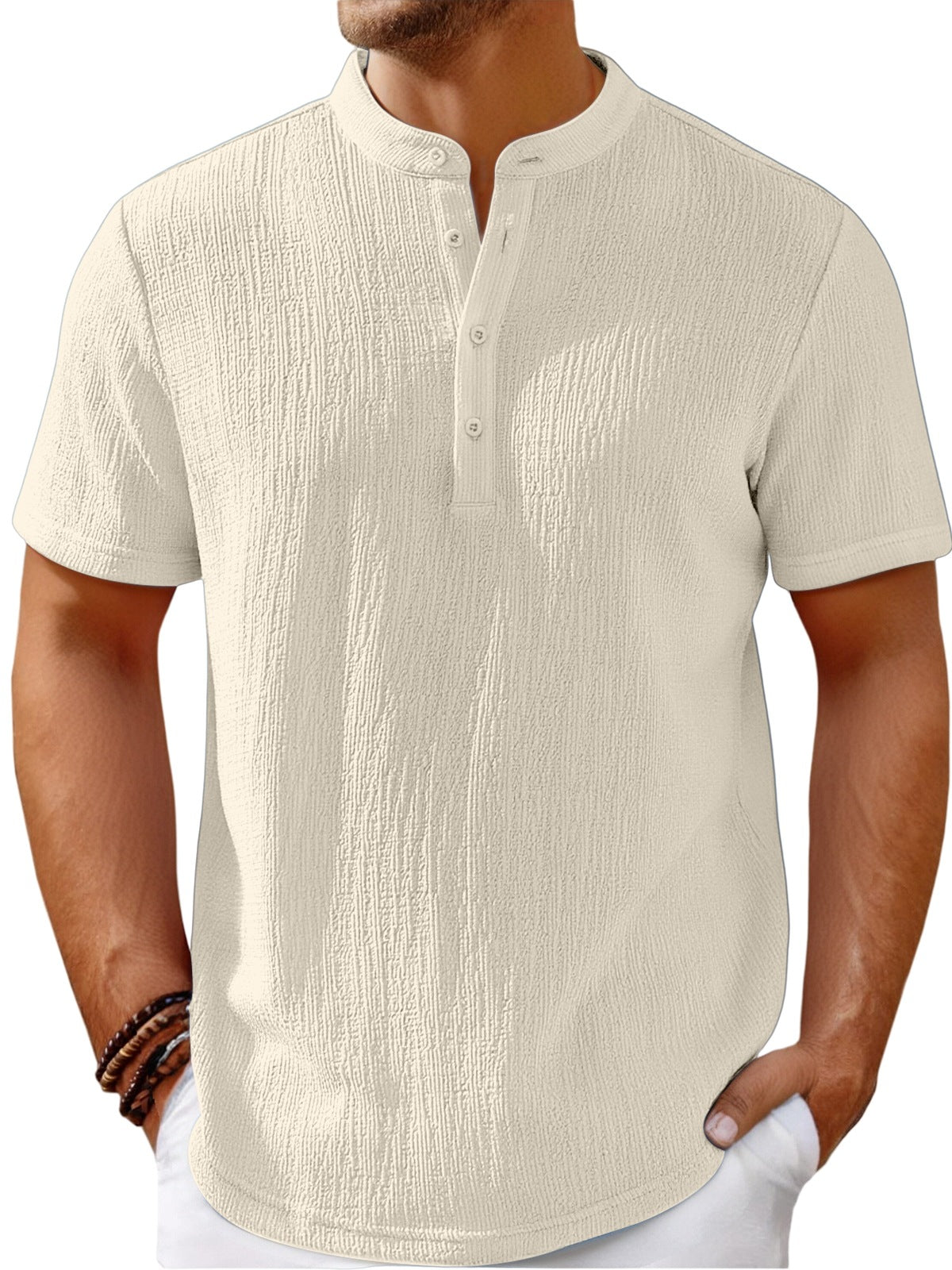 【S-4XL】Camiseta de hombre con una textura espectacular y cuello Henley: cómoda y elegante para el día a día.