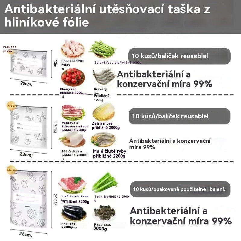 🥩【30kusů】Sáček z hliníkové fólie potravinářské kvality se zipem pro zachování čerstvosti, vhodný do domácí lednice