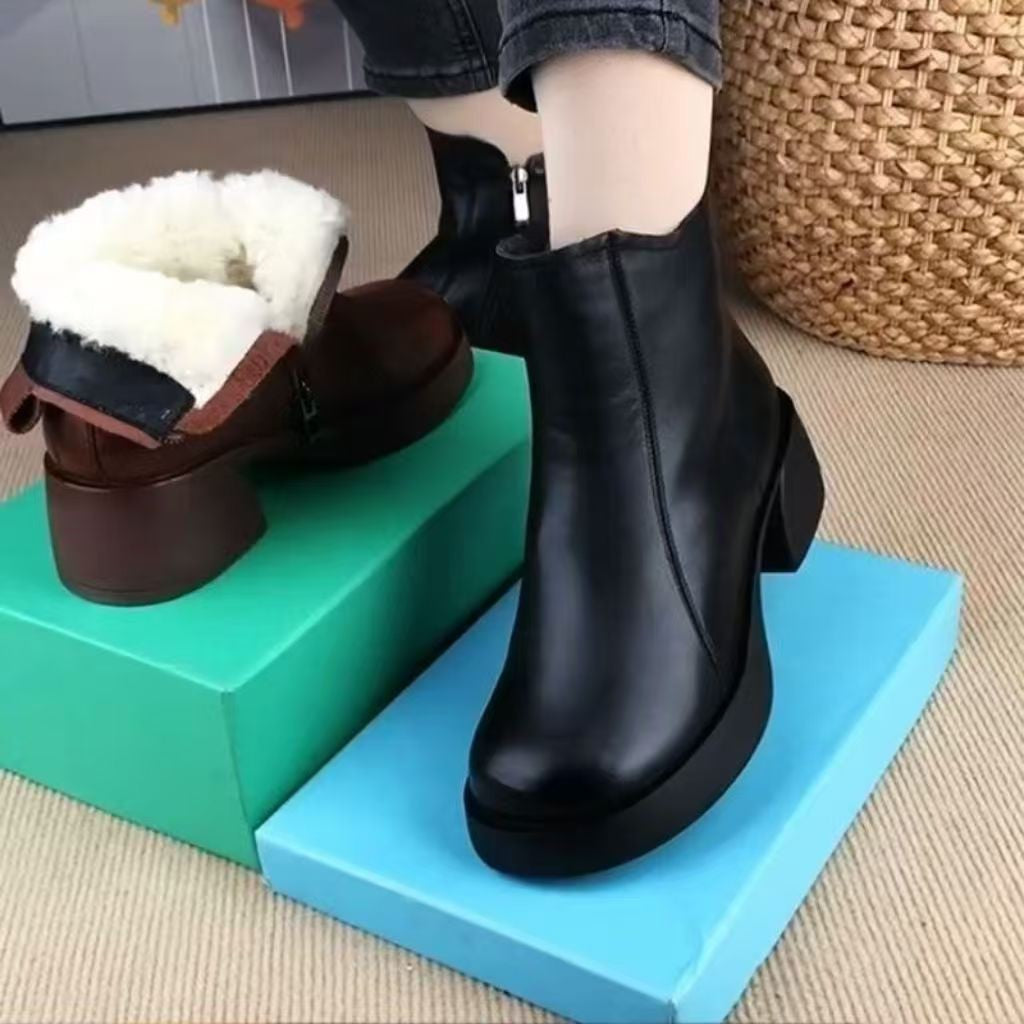 【35-40】2026 Zimowe nowe damskie botki w stylu retro plus, botki ze skóry naturalnej, ciepłe pluszowe botki