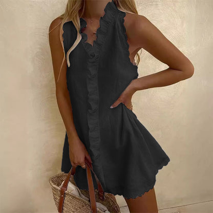 👗【40-100kg】Едноцветна рокля от памук и лен💖Без ръкави и дишаща, с плащане при доставка