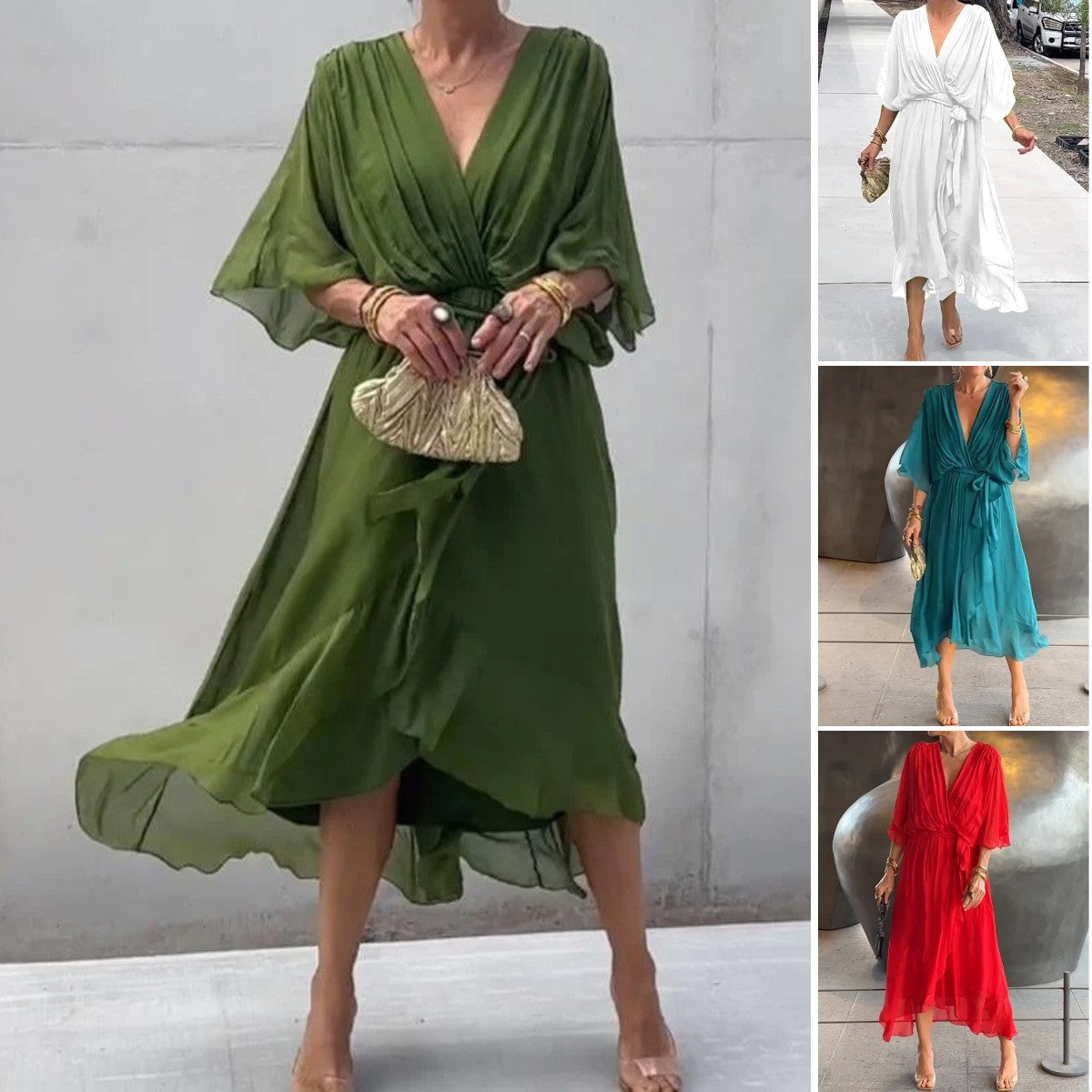 💟【S-5XL】👗 Wielokolorowa szyfonowa sukienka z koronkowym rękawem typu nietoperz