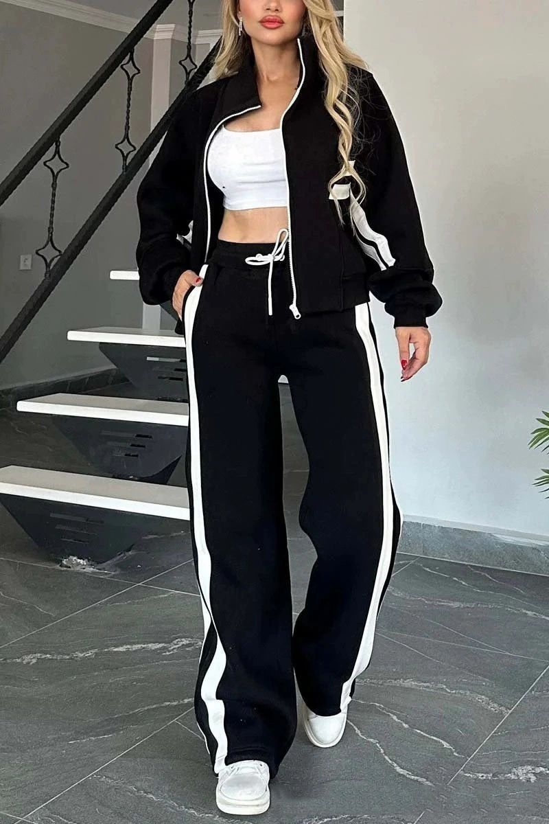 🔥🖤【Oferta por tiempo limitado -50%】Nuevo conjunto para mujer con chaqueta de rayas con cremallera + pantalones casuales, dos piezas