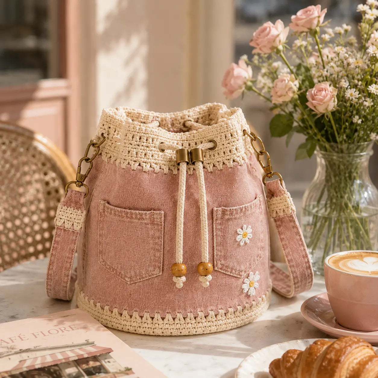 Un bolso de mezclilla tejida estilo bohemio que complementa todos tus looks ✨