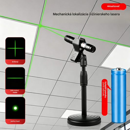 Zelený mechanický laserový ukazovateľ na polohovanie a vyznačovanie pravých uhlov; krížový laser.